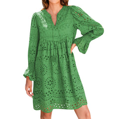 Hnewly Women's Spring And Summer Sexy Hollow Out Lace Long Sleeve V-neck Skirt Solid Color Breathable V-Neck Casual A-line Dresses