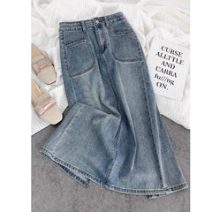 Hnewly Split High Waisted Denim Skirt Versatile Mid Length Jeans Skirt Women Autumn Light Color Fashionable Double Pocket Skirt