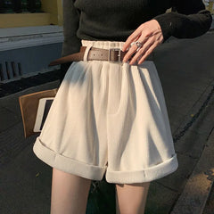 Hnewly Corduroy Shorts Women A-line High Waist Elegant Loose Korean Style Casual All-match Vintage Young Lady Wide Leg Female Chic Ins
