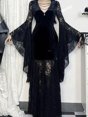 Hnewly Halloween Gothic Women Dress Long Sleeve High Waist Lace Dresses Y2K Vintage Punk Sexy Goth Aesthetic Slim Party Club Robe