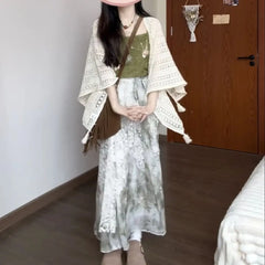 Hnewly Lace Shawl Cardigan Bohemian Tassel Hollowed Out Loose Apricot Top For Women's Summer Vacation Style Sun Protection Cover