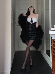 Hnewly DRESS TO IMPRESS Handmade Rose Patchwork Leather Mini Dress Women Retro Black Off-shoulder Corset Sexy Summer Bodycon Desire One-piece