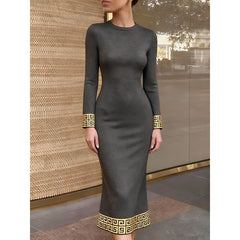 Hnewly Contrast Color Meander Pattern Grey Dresses Women Office Waist Long Sleeve Zipper Back Elegant Bodycon Dress