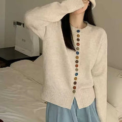 Hnewly Multicolor Button Knit Sweater Cardigan Women Long Sleeve Button-Up Sweater Jacket Teen-girl Autumn Winter Korean Fashion Outfit