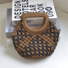 Hnewly Luxury New Niche Retro Paper Rope Crochet Black Brown Patchwork Grass Woven Handbag for Women