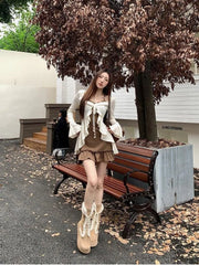 Hnewly American Retro Slim Fit Camisole Dress for Women+ Ruffles Long Sleeve Knitted Cardigan 2024 Autumn New Two Piece Sets