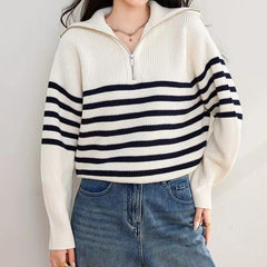 Hnewly Quarter Zipper Sweater Women Long Sleeve High Collar Rib Knit Pullover Casual Striped Sweater Jumper Fall Winter Outfit