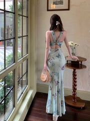 Hnewly Butterfly print backless camisole dress for women's summer temperament buttocks wrapped long slim fit waist fishtail Dress