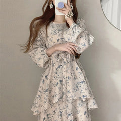 Hnewly Bohemian Floral Print Dresses Women Fashion Korean Puff Sleeve Midi Dress Elegant Belted Layered Ruffled Hem Vestidos