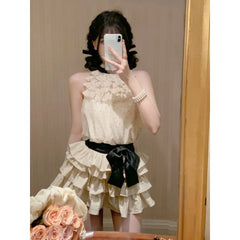 Hnewly Chiffon 2 Piece Skirts Sets Outwear Casual Y2k Crop Tops Sleeveless + Mini Skirts Korean Fashion Suits 2000s Vintage Clothing