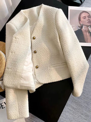 Hnewly Slim Elegant Tweed Jacket Women Vintage Long Sleeve Sweet Short Coat French Casual Vintage Lady V Neck Single Breasted Tops