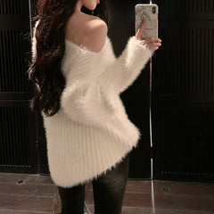 Hnewly Fuzzy Knit Sweater for Women Soft Fluffy Boat Neck Tunic Tops Fitted Rib-knit Plain Jumper Female Autumn Winter Basic Outfit