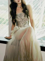 Hnewly Fashion Printed Patchwork Mesh Dress Women's Slash Neck Sleeveless Embroidery Dresses 2025 Summer New Tide