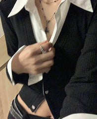 Hnewly FALL OUTFITS Sexy Fake Two Piece Set Women's Shirts Office Ladies V-neck Chic Slim Spell Color Single Breasted Fashion Female Shirt