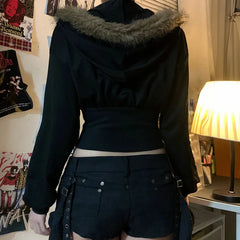 Hnewly y2k Jacket Women Punk Gothic Clothes Solid Color Fur Collar Zip Up Long Sleeve Coat 2000s Grunge Clothing Streetwear