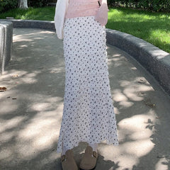 Hnewly French Printed Fold Fishtail Skirt for Women Korean High Waist Long Skirts Woman Summer Chic Wrap Hip Midi Skirts Female