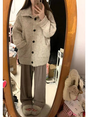 Hnewly Slouchy Knit Cardigan for Women Rib-knit Pockets Front High Neck Button Up Sweater Jacket Coat Female Autumn Winter Basic Outfit