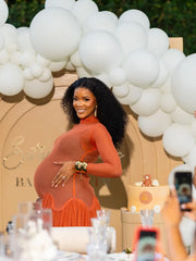 Hnewly Orange‑Red Maternity Evening Gown with Sheer Mesh Overlay, Wave Waist & Flowing Chiffon Pleated Skirt – Summer Party Dress