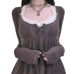 Hnewly Fresh Sweet Casual Soft Women Clothing Europe Slim Big Swing Patchwork Hollow Out Pullovers Personalized Knit All-match Jumper