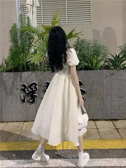 Hnewly Summer Puff Sleeve Princess Dress Women French Style Bow Tie Midi Dress Slim A-line Girl Party Fairy Dress