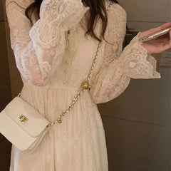 Hnewly DRESS TO IMPRESS Lace Vintage Fairy Dress Women Elegant Flare Sleeve Korean Party Midi Dress Casual Office Lady Slim Y2k Kawaii Dress