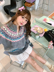 Hnewly Women Fair Isle Sweater Cardigan Cute Pink Cozy Chunky Knit Collared Zip-up Sweater Jacket Teen-girl Fall Winter 90s Outfit