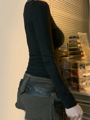 Hnewly rave inspo outfits Darkly Punk Cothic Women Long Sleeve T-Shirt Patchwork Chic Fabric Cut Out O-Neck Top Tees Slim Sexy Solid Tops