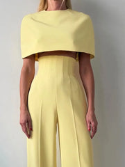 Hnewly Solid Yellow Pant 2 Pieces Set Women's Stand Collar Cloak Tops Lapel Blazer High-waist Long Pants New Ladies Office Outfit