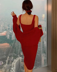 Hnewly DRESS TO IMPRESS Autumn Casual Knitting 2 Pieces Set Women Knitted Cardigan + Backless Sexy V-neck Strap Dress Female Korean Party Chic Suit