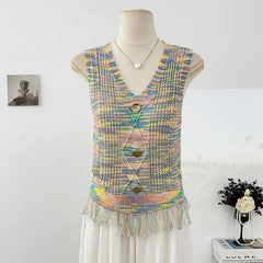 Hnewly Retro Colored Striped Camisole Vest Women's 2025 New Summer New Sleeveless O-neck Knitted Shirt Elegant Hollow Out Short Top