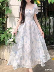 Hnewly Summer French Style Floral Printed Dress Slim Casual Long Chiffon Dress Short Sleeve Women Vacation Fairy Dress