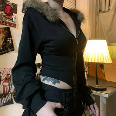 Hnewly y2k Jacket Women Punk Gothic Clothes Solid Color Fur Collar Zip Up Long Sleeve Coat 2000s Grunge Clothing Streetwear