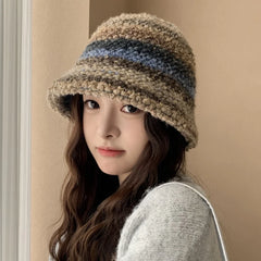 Hnewly Colourful Knitted Hat Women Korea Autumn Winter Warm Dopamine Warm Fisherman's Hat Star Model Thickened Bucket Hat