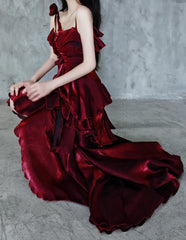 Hnewly Red Elegant Evening Dress Women's Sweet 3D Rose Slim-Fit Irregular Fishtail Dress Ladies Gothic Retro Lo Suspender Dress Jsk