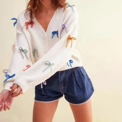 Hnewly y2k Cardigan Women Stylish 3D Bow V Neck Button Down Long Sleeve Sweater Jacket Top 2000s Aesthetic Clothing Streetwear