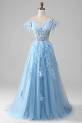 Lunivop High Quality Customized V-neck Backless Feathers Floor Length Blue Appliques Lace Belt Thin Suspenders Sleeveless Party Dresses