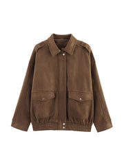 Hnewly Vintage Women's Trucker Jackets Solid Lapel Long Sleeves Zipper Pockets Coats Female Autumn Fashion Lady Street Outwears
