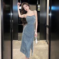 Hnewly New Retro 2024 Spring and Summer Strapless Denim Dress Fashionable Fashionable Women Sexy Thin Straps Slim Split Mid Skirt Tank
