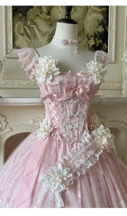 Hnewly Summer New Women's Pink Green Flower Bow Slim Long Lolita Dress Coming-of-Age Birthday Banquet Princess Evening Dress