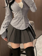 Hnewly Women Wear New Skirt Set Summer Academy Style JK Popular Design Sense Waistband Long Sleeved Shirt Romantic Elegant Mature 3JZ0