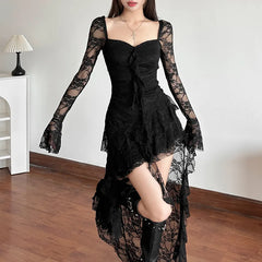 Hnewly Goth Dark Fairycore Lace Flare Sleeve Square Neck A-line Dress Sweet E-girl Irregular Long Hem Dresses Cyber Y2K Party Vestido