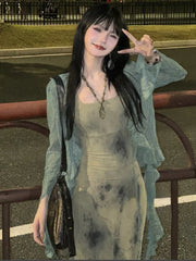 Hnewly New Chinese Style Halo Dyeing Slim Fit Camisole Dresses+ Y2k Ruffles Long Sleeve Green Cardigan Spring Two Piece Sets