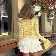 Hnewly New Knit Flare Sleeve V-neck Hollow Out Short Coat Fashion Casual Button Transparent Summer Cardigan Top Cover-up Jacket