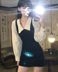 Hnewly Preppy Long Sleeve Mini Dresses for Women Korean Fashion Style Cute Sexy Peter Pan Collar A-line Fake 2 Pcs Casual Vestidos Chic