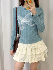 Hnewly Korean Style Y2k Knitted Pullover Women Bow Lace Long Sleeve Sweaters Harajuku Vintage Patchwork Knitwear Pullovers