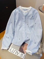 Hnewly Cute Bow Print Striped Shirt Women O Neck Long Sleeve Vintage Blouse Casual Loose Korean Sweet Female Fall New Retro Tops