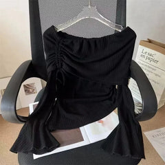 Hnewly Drawstring Slash Flared Long Sleeved Off Shoulder Asymmetrial Elegant White Thin Women Blouses Slim Tops Summer Spring Sweater