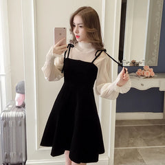 Hnewly Spring New Elegant Two Piece Dress for Women Women Winter Korean A-Line O-Neck Tops and Black Sundress Streetwear Dress Vestidos