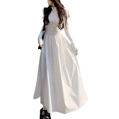 Hnewly Hebe Style Long Sleeve Collar Dress Women's Spring Autumn New Design Black Slim Fit A-Line Skirt High Waist Sweet