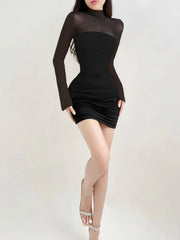 Hnewly See Through Black Bodycon Dress For Women Clothing Slim Sexy Streetwear Long Sleeve Vestidos De Mujer Patchwork Fashion Outfits